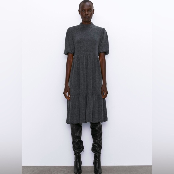 NWT ZARA Women’s Charcoal Gray Mock Neck Sweater Relaxed Midi‎ Dress Small S - Picture 1 of 7